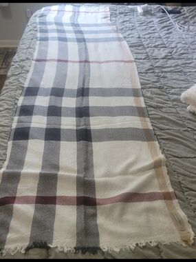 Burberry Ivory Plaid Scarf with Gray and Taupe Stripes Vintage